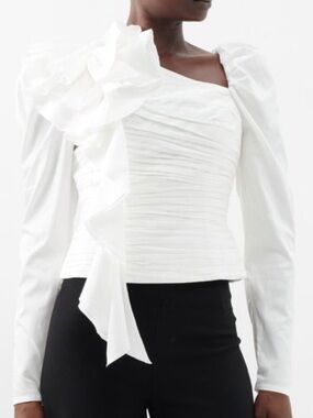 Aje White Adelia Ruffle Ruched Blouse